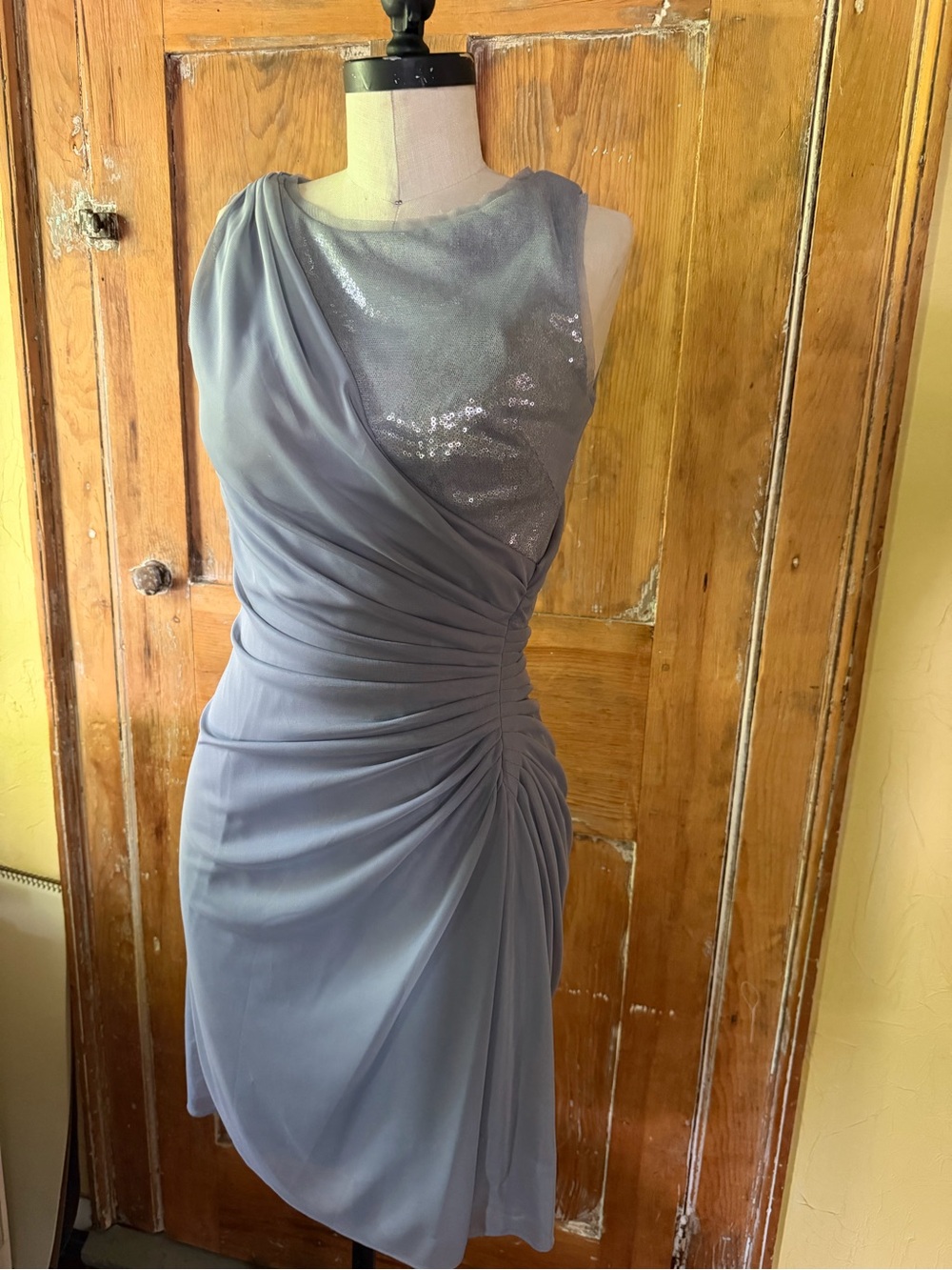 Adrianna Papell Dusty Blue Asymmetrical Sequin Bodice Dress